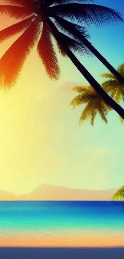 Tropical beach sunset with palm trees and vibrant ocean colors.