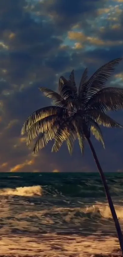 Lone palm tree on tropical beach at sunset with dramatic clouds and waves.