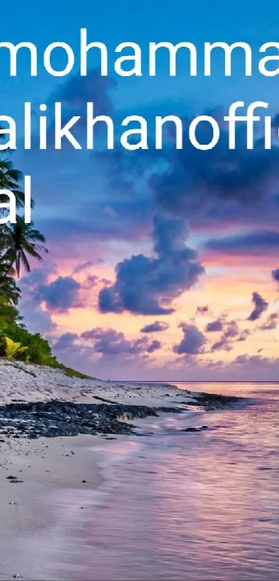 Tropical beach with vibrant sunset and palm trees over calm ocean.