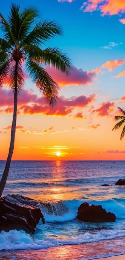 Tropical sunset beach with palm trees and vivid ocean waves in vibrant colors.