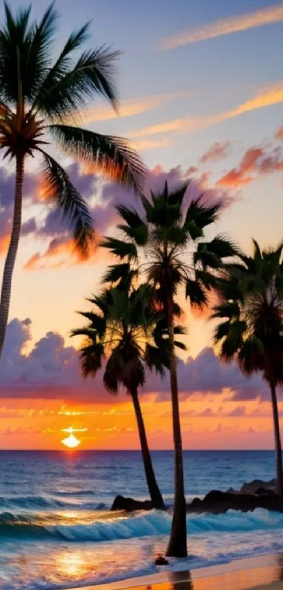 Tropical sunset with palm trees and ocean waves on a beach.