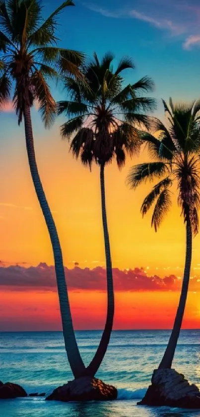 Vibrant tropical sunset with palm trees on a serene ocean beach.