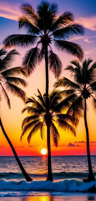 Tropical sunset with palm trees and ocean waves.