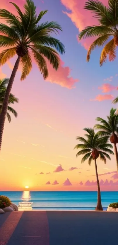 Tropical sunset beach with palm trees and vibrant sky.