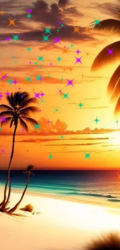 Vibrant tropical sunset wallpaper with palm trees and colorful stars over a beach.