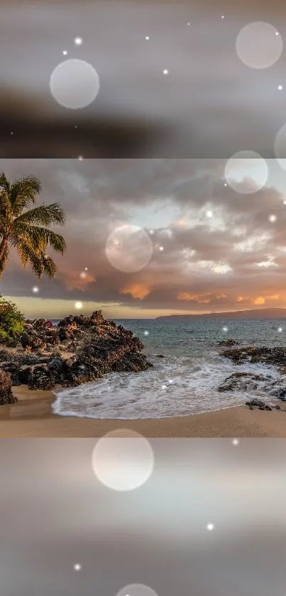 Tropical Beach Sunset with Palm Trees and Ocean Waves