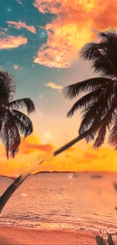 Tropical sunset beach wallpaper with palm trees and vibrant sky.