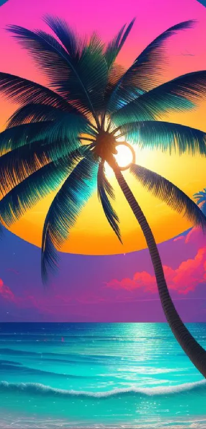 Tropical beach sunset with palm tree silhouette and vibrant sky.