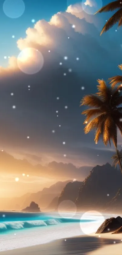 Serene tropical beach with sunset, palm trees, and ocean waves.