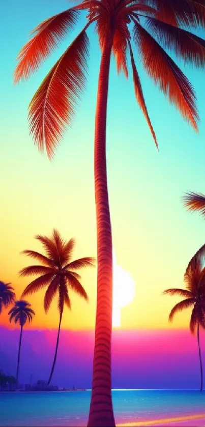 Colorful tropical sunset with palm trees on a beach; vibrant orange, pink hues.