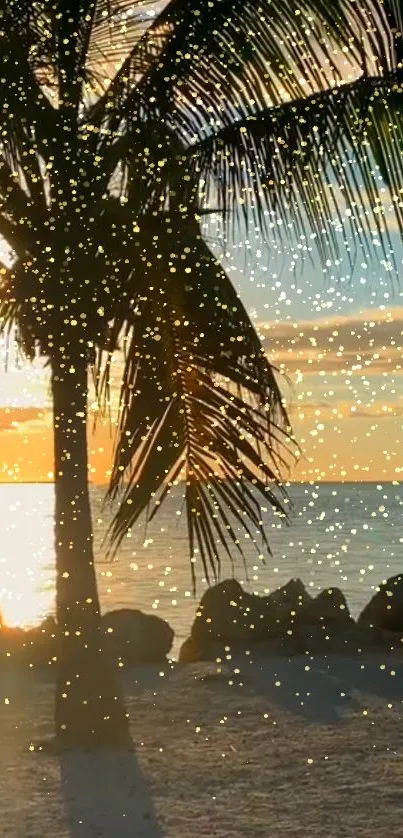 Tropical beach sunset with palm tree silhouette and golden sparkles.