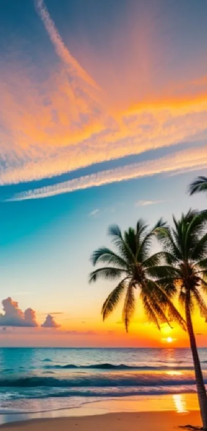 Tropical beach at sunset with palm trees and ocean view.