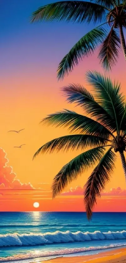 Tropical sunset beach with palm trees and vibrant colors.