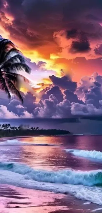 Tropical sunset beach with palm trees, colorful sky, and ocean waves.