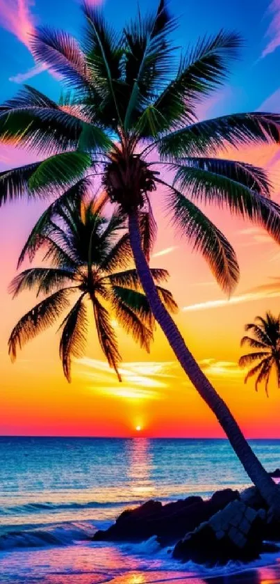 Vibrant tropical sunset beach with palm trees and colorful sky.