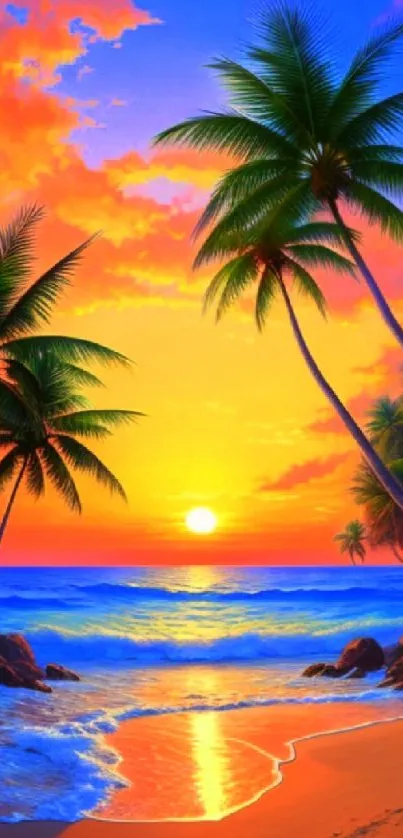 Tropical sunset beach with palm trees and vibrant colors.