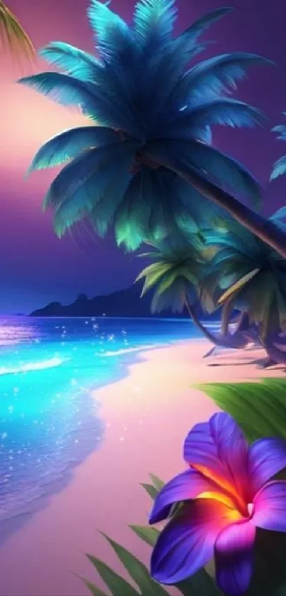 Tropical sunset beach wallpaper with vibrant palm trees and colorful sea view.