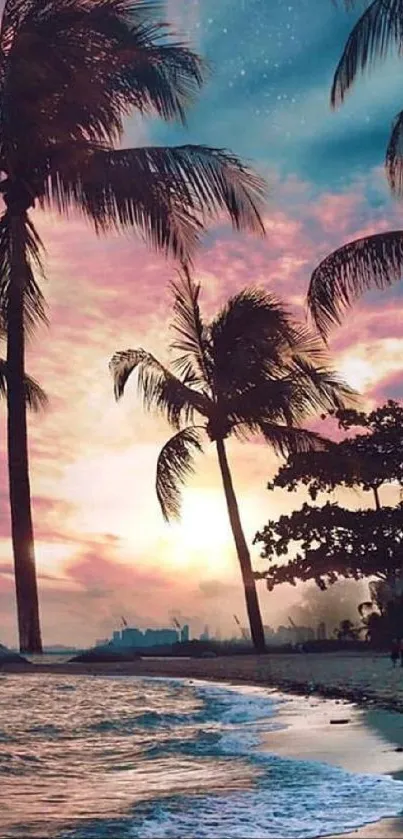 Tropical beach at sunset with palm trees and ocean view.
