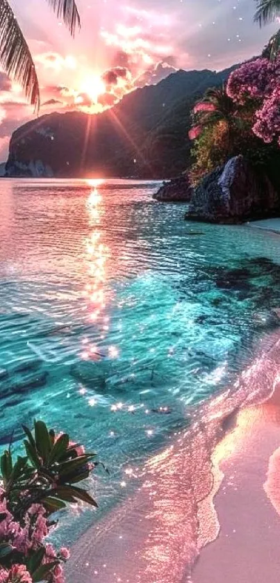 Tropical sunset view with pink sky, turquoise ocean, and a sandy beach.