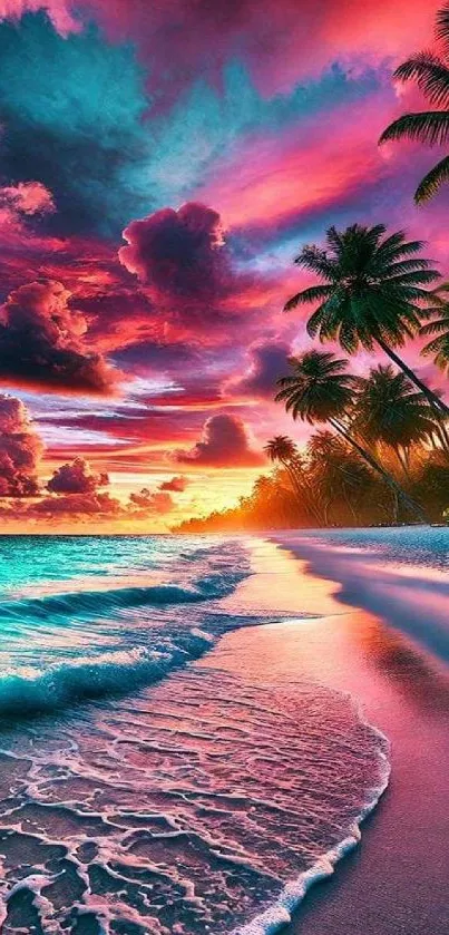 Colorful tropical beach with palm trees at sunset.
