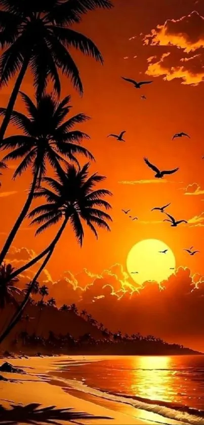 Vibrant tropical sunset with palms and birds over the ocean.