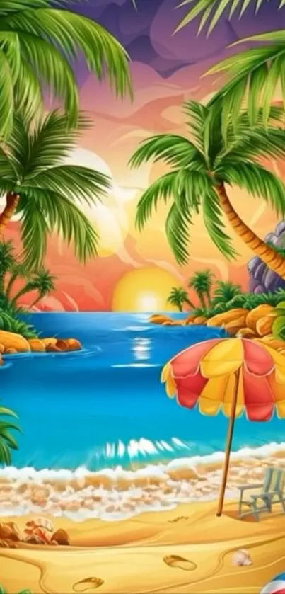 Vibrant tropical beach with sunset, palm trees, and ocean.