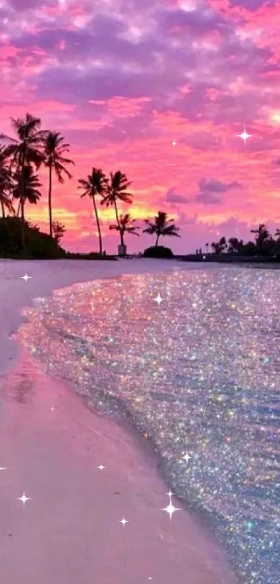 Tropical sunset beach with pink sky and shimmering sea.