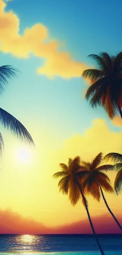 Tropical sunset scene with palm trees and ocean.