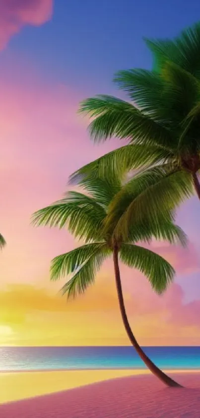 Tropical sunset beach wallpaper with palm trees and vibrant sky.