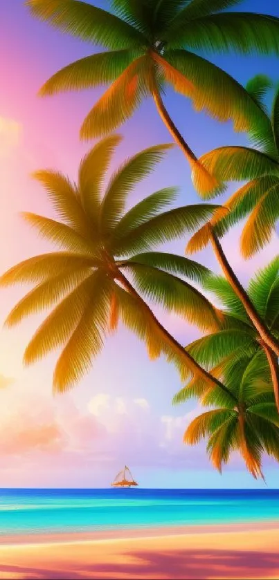 Vibrant tropical sunset with palm trees on a serene beach.