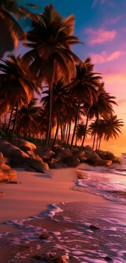 Tropical beach at sunset with palm trees and colorful sky.