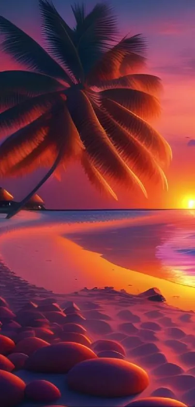 Stunning tropical sunset with palm trees on a beach, vibrant orange hues.