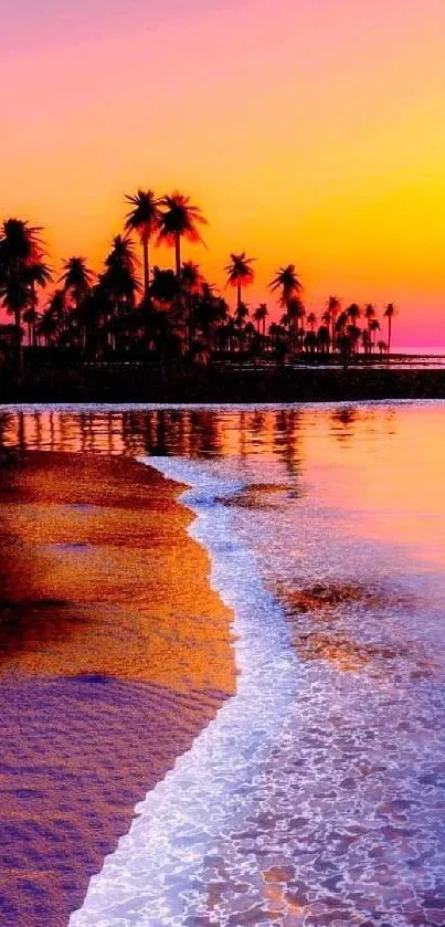 Vibrant tropical sunset with palm trees and ocean waves on a tranquil beach.