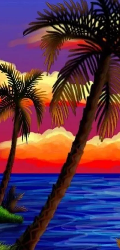 Tropical beach sunset with palm trees and vibrant purple sky.