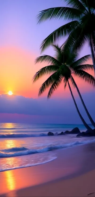 Vibrant tropical sunset over a serene beach with palm trees and colorful sky.