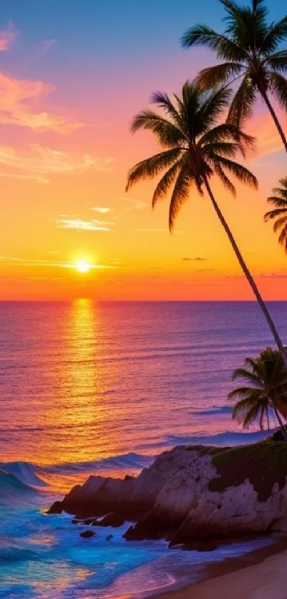 Vibrant tropical sunset with palm trees and ocean waves.