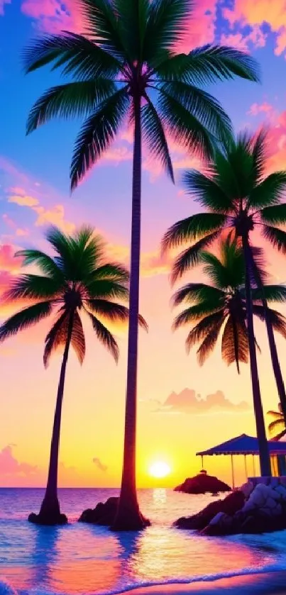 Tropical sunset with palm trees on a beach during a vibrant evening.