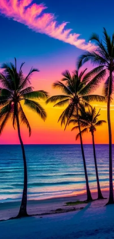 Vibrant tropical sunset with palm trees by the ocean's edge.