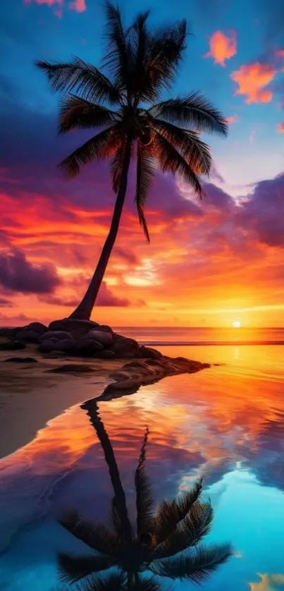 Tropical sunset with palm tree reflection on beach.
