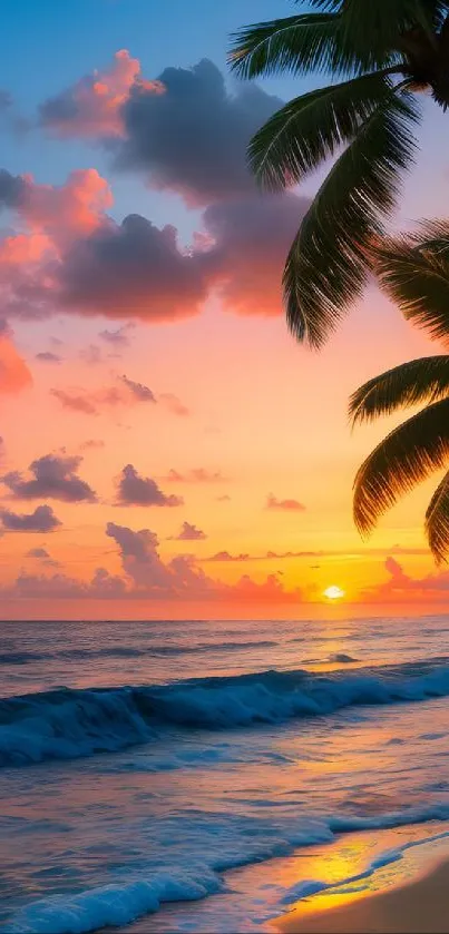 Stunning tropical sunset with palm trees and colorful ocean waves on a beach.