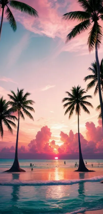 Mobile wallpaper of a tropical sunset beach with palm trees and vibrant skies.