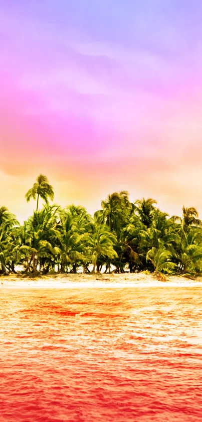 Tropical island with pink and orange sunset.