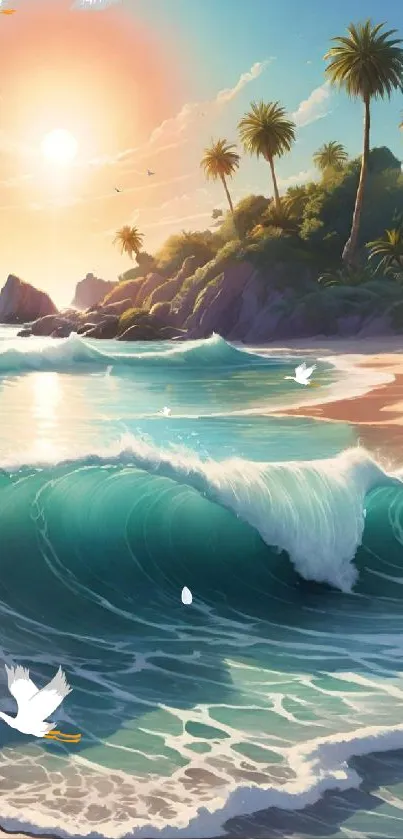 Tropical beach with palm trees and ocean waves at sunset.