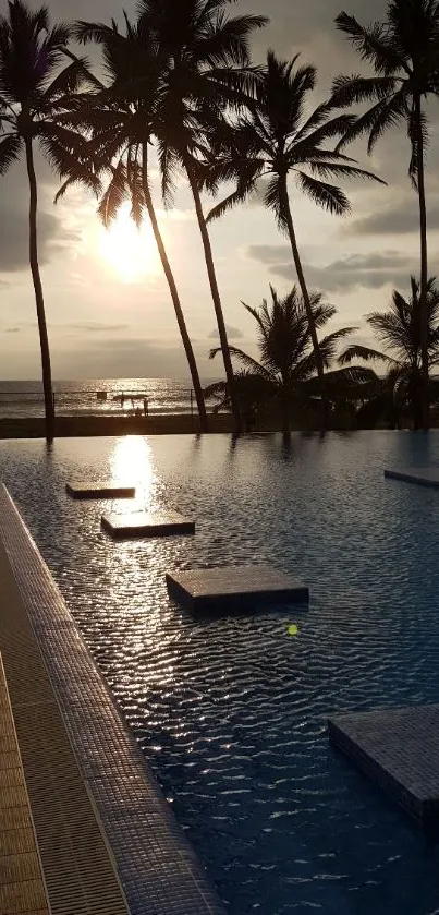 Tropical sunset with palm trees and infinity pool.