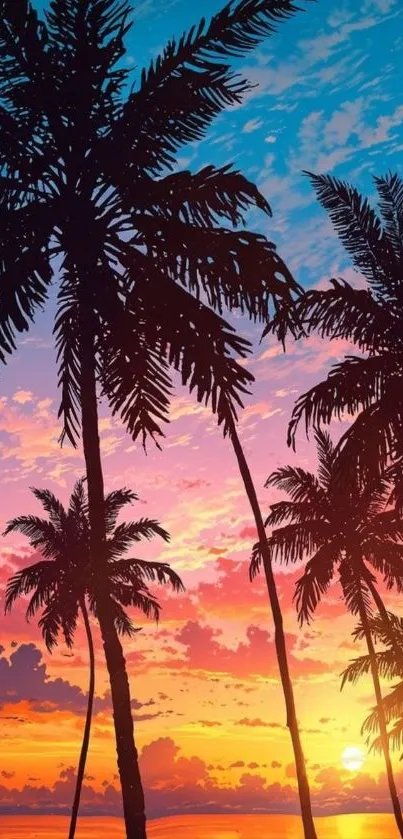 Tropical sunset with palm tree silhouettes against a vibrant sky.