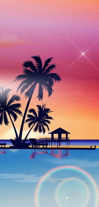 Tropical sunset with palm trees over a calm ocean.