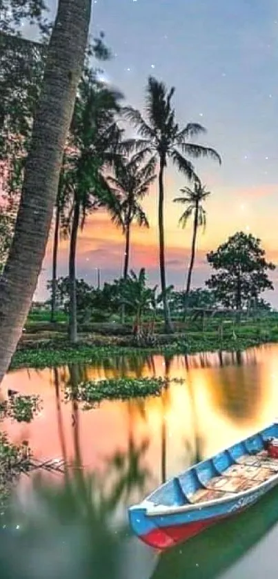 Boat reflecting on serene tropical water during a vibrant sunset.