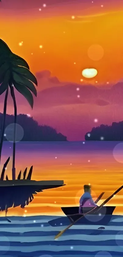 Illustrative tropical sunset wallpaper with boat and palm trees.