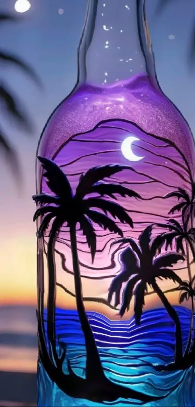 Tropical sunset scene inside a decorative bottle, set against a beachy backdrop.