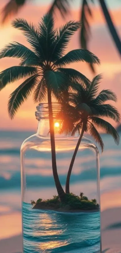 Palm trees in a glass bottle at sunset on the beach.